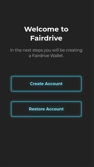 The first screen invites the user to create or restore an account