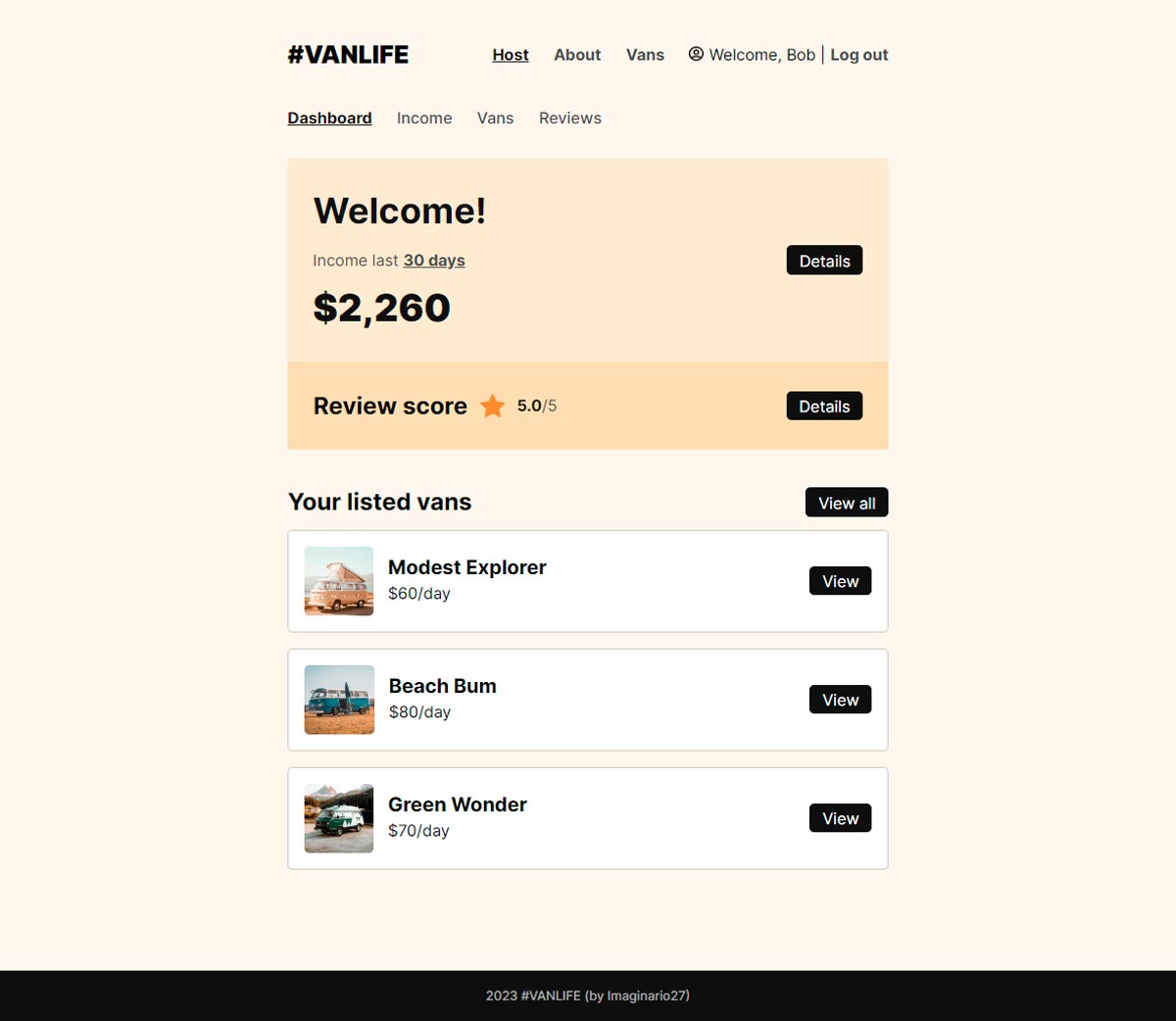 Vanlife - host dashboard