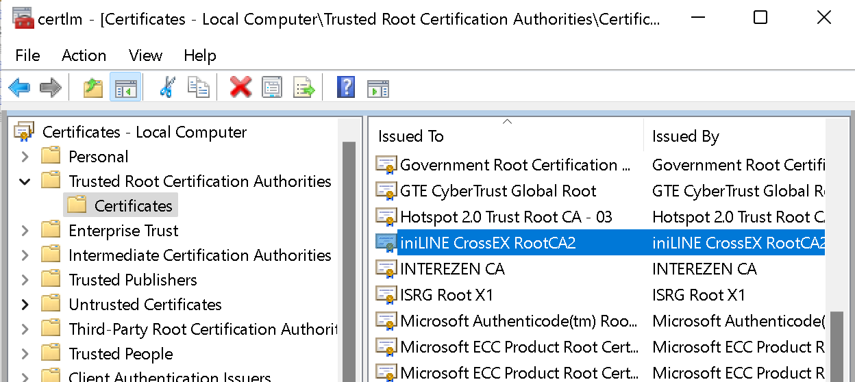 윈도우의 ‘신뢰할 수 있는 루트 인증 기관’ 목록 스크린샷. GTE CyberTrust 혹은 Microsoft와 같은 이름과 함께 iniLINE과 Interezen이 목록에 보인다.