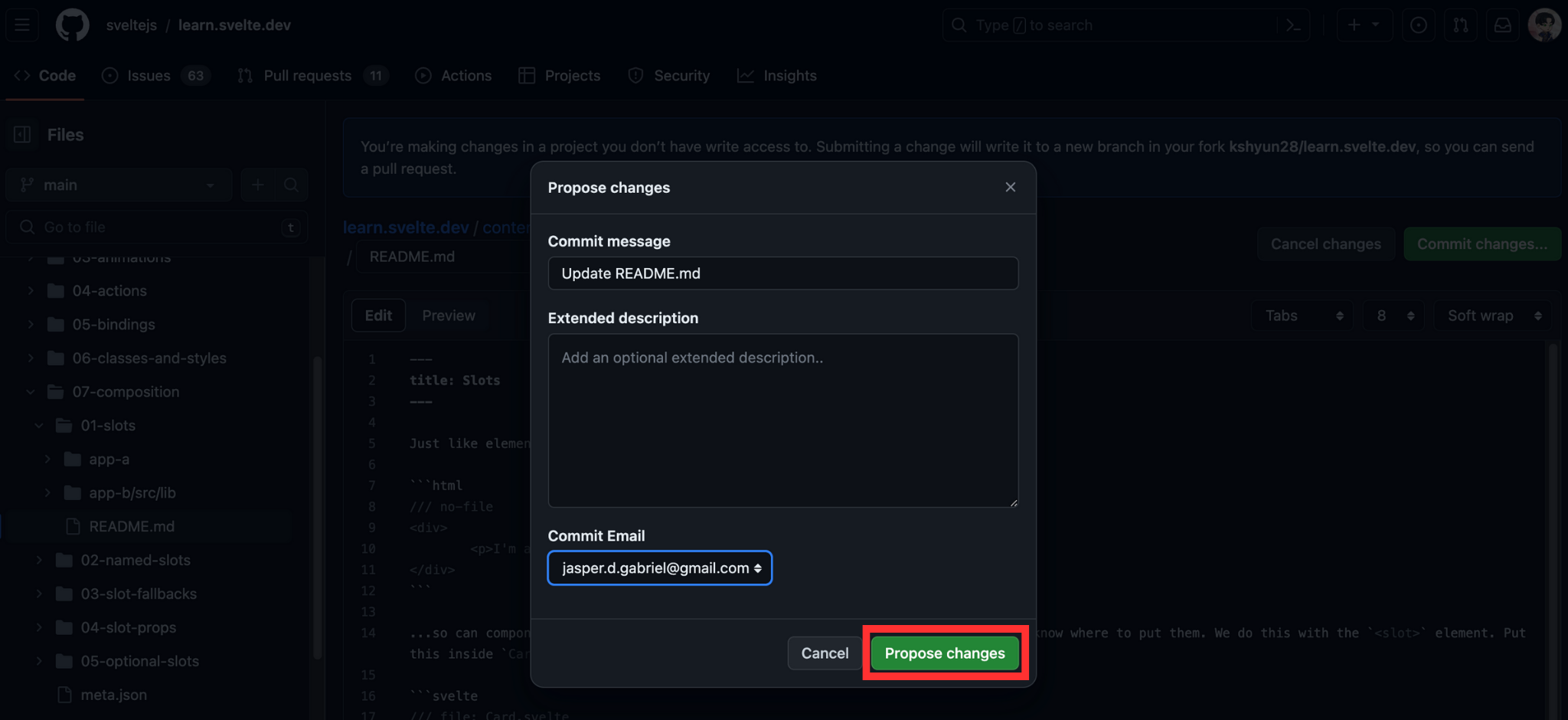 learn.svelte.dev on the GitHub website, prompt to enter commit message, optional description, and commit email. Then click "Propose changes".