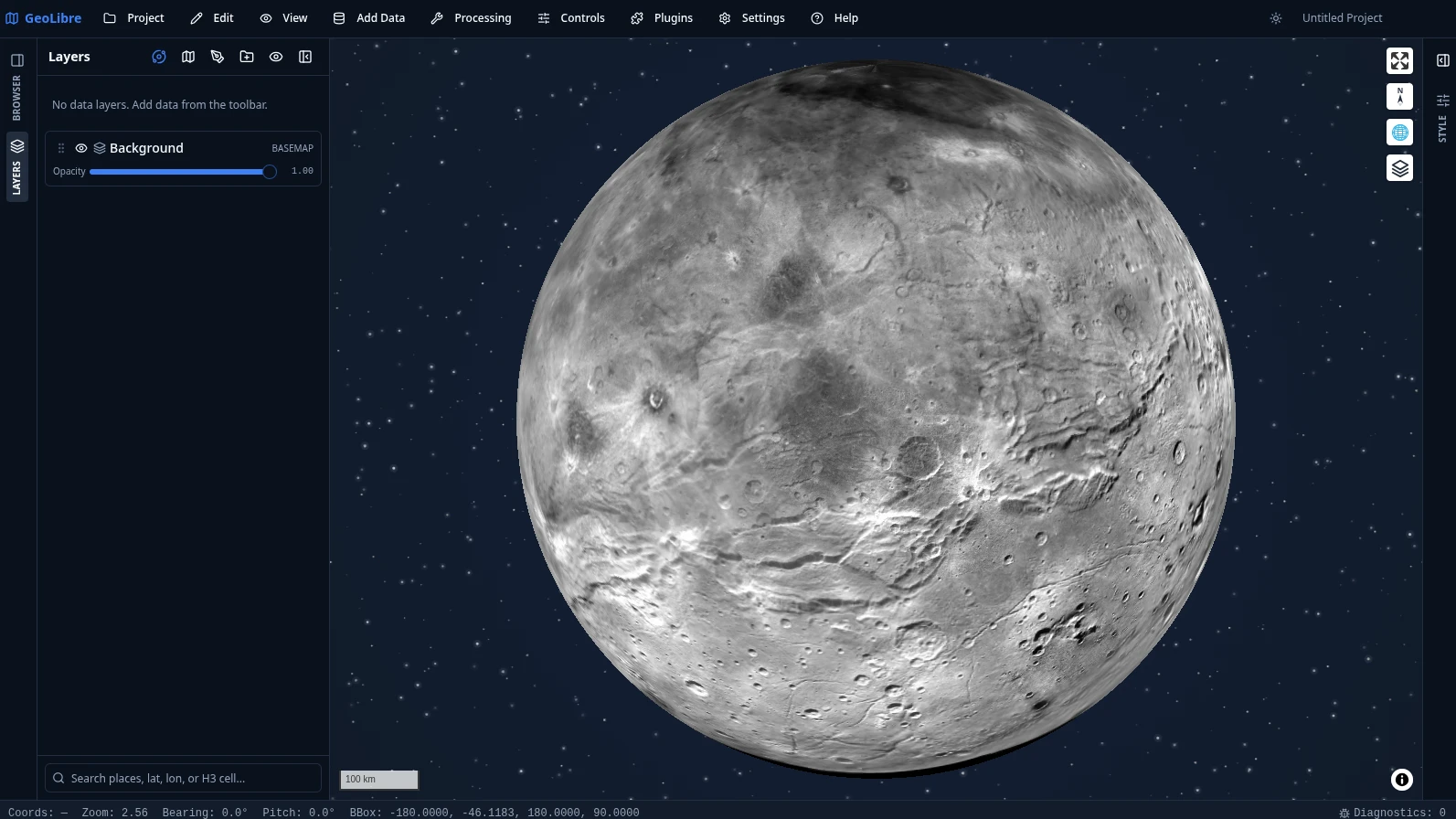 GeoLibre globe view of Charon over a starfield backdrop