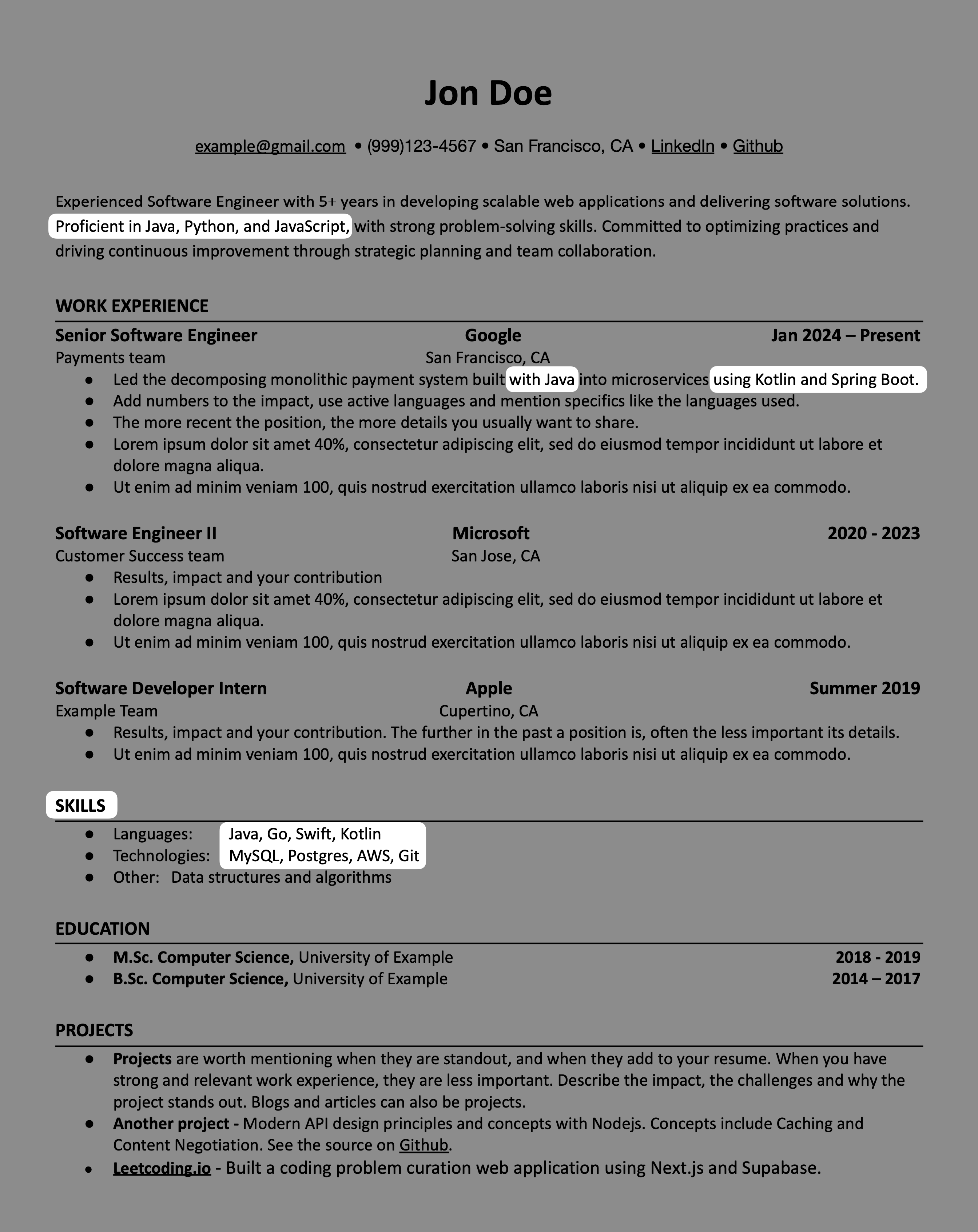 Tech stacks in resume example