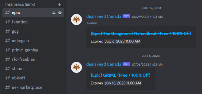 Screenshot of the free deals Discord channels