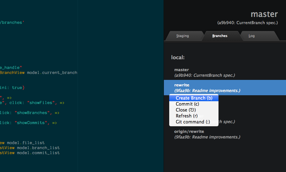 screenshot: dark theme; branch list; context menu