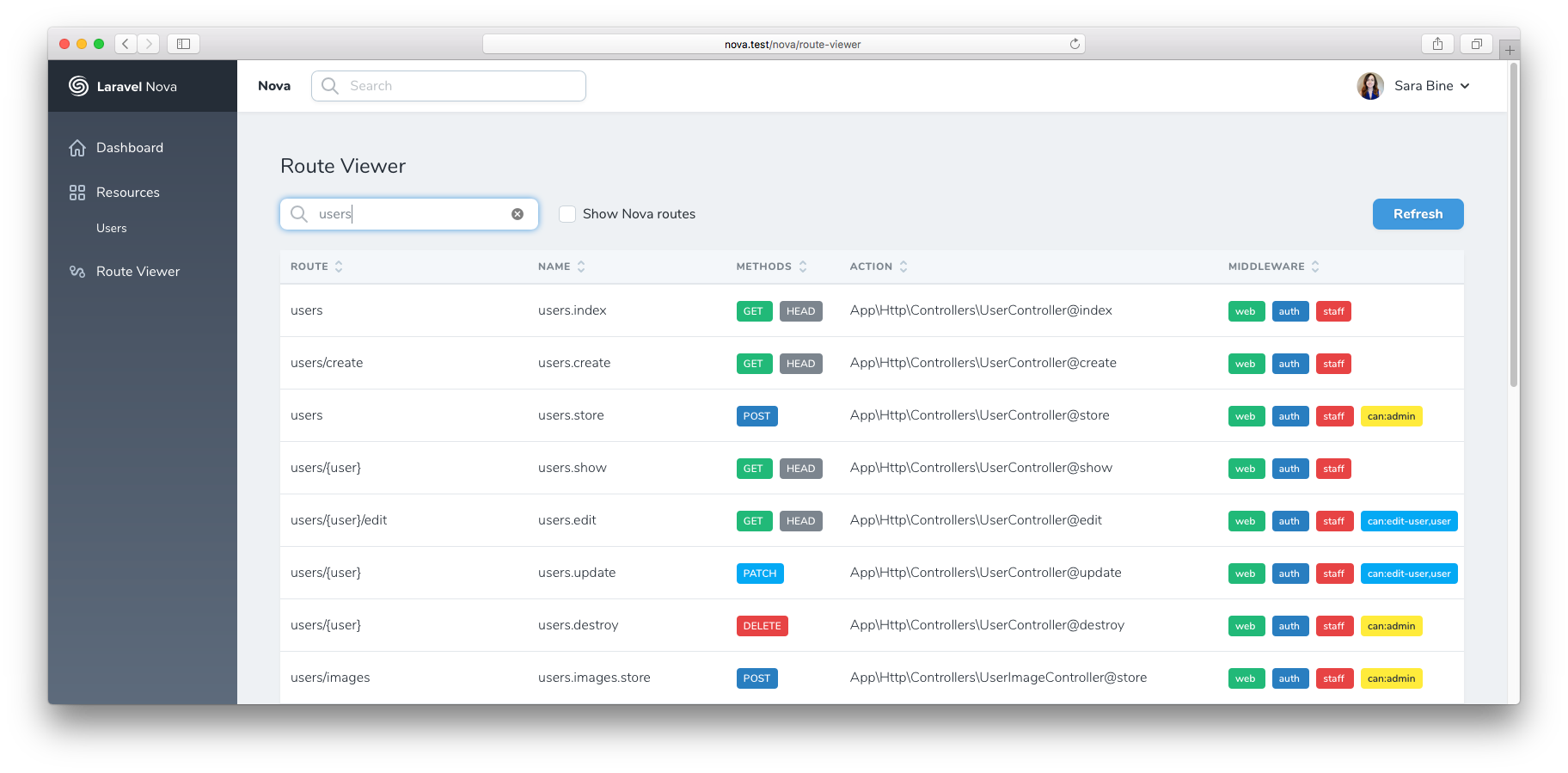 screenshot of Laravel Nova Route Viewer tool