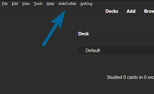 A blue arrow point at the toolbar of Anki showing an AnkiCollab tab.