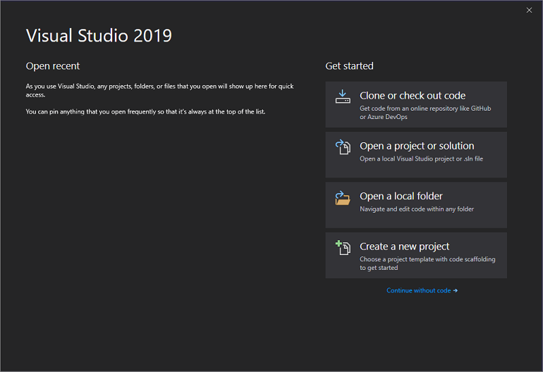 visual_studio_start_window