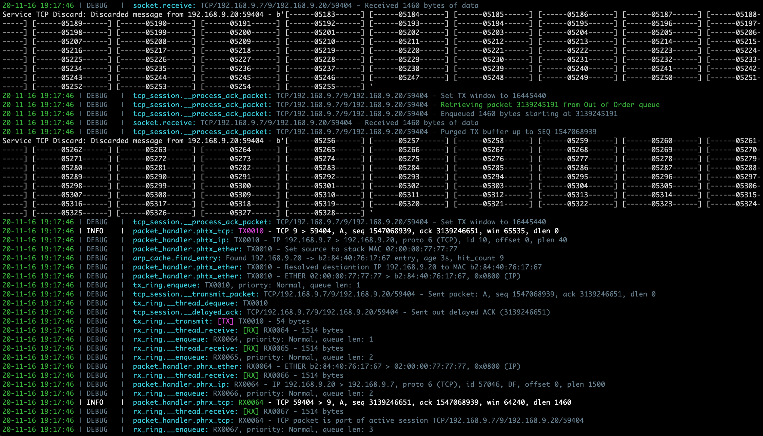 Sample PyTCP log output