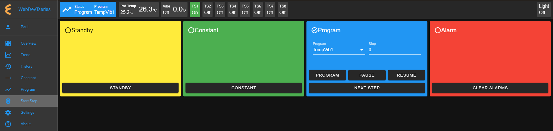 The Start/Stop menu with chamber in Program mode