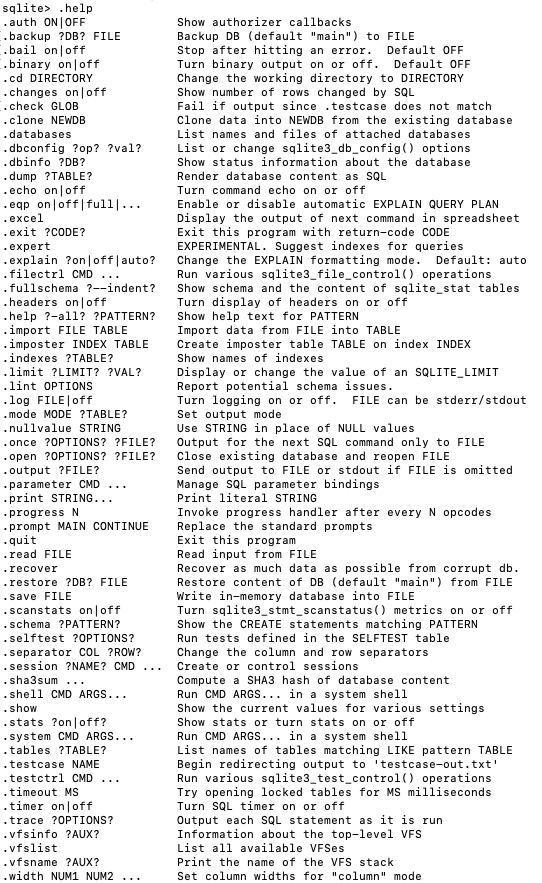 Sqlite help output