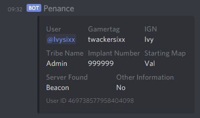 A screenshot of user info set within the bot