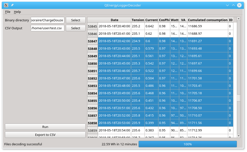 QEnergyLoggerDecoder v1.1 screenshot under Linux