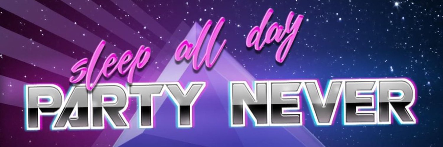 text that says "sleep all day party never". The image has a retro, 80s-inspired style characterized by vibrant colors, bold typography, and a futuristic aesthetic.
