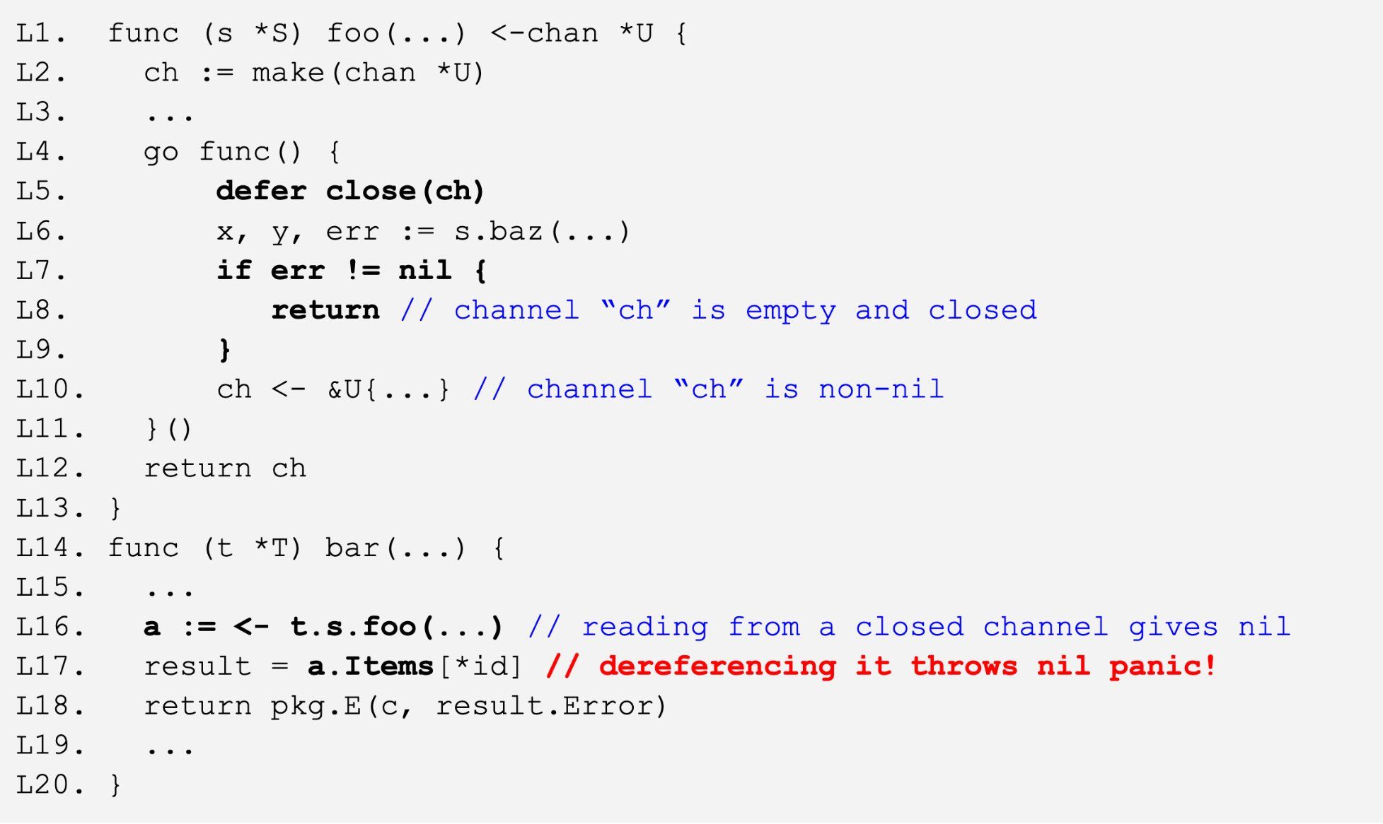 Figure 7: Simplified and redacted code excerpt from an internal Uber service logging 3000+ nil panics per day in production.