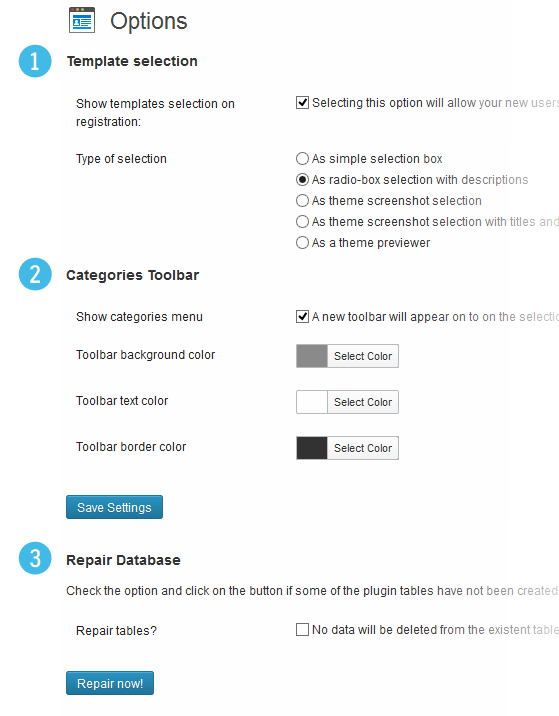 1. Configure template options for your signup page. 2. Configure the categories toolbar for your signup page. 3. Optional database repair function.