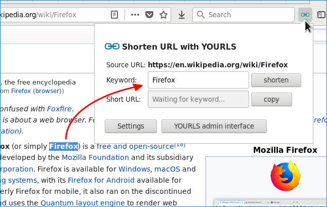 select text for the YOURLS shortener