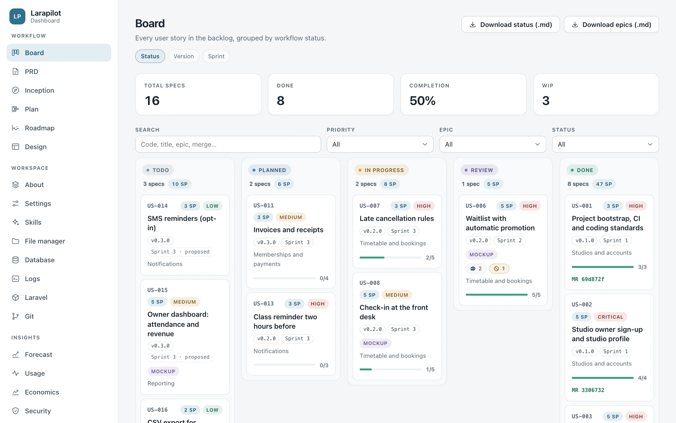 The Larapilot dashboard: the board of Fernway, the demo app of the documentation, sixteen stories from TODO to DONE