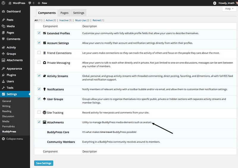 BuddyPress components settings