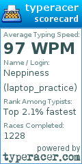 TypeRacer.com scorecard for user laptop_practice