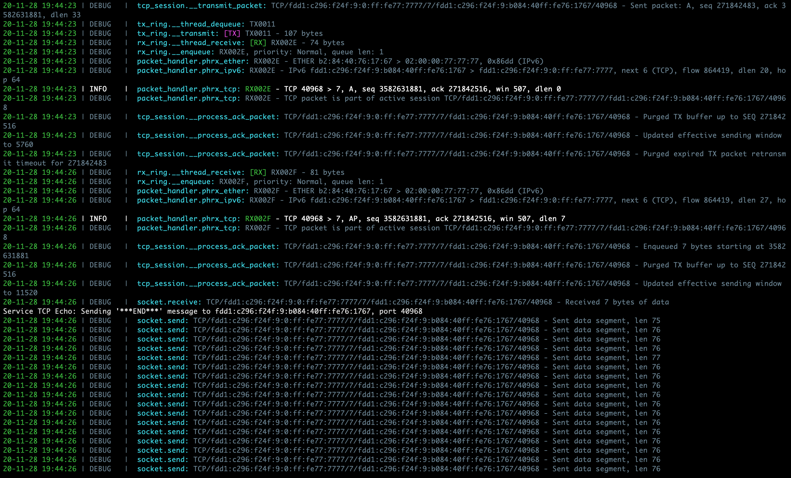 Sample PyTCP log output