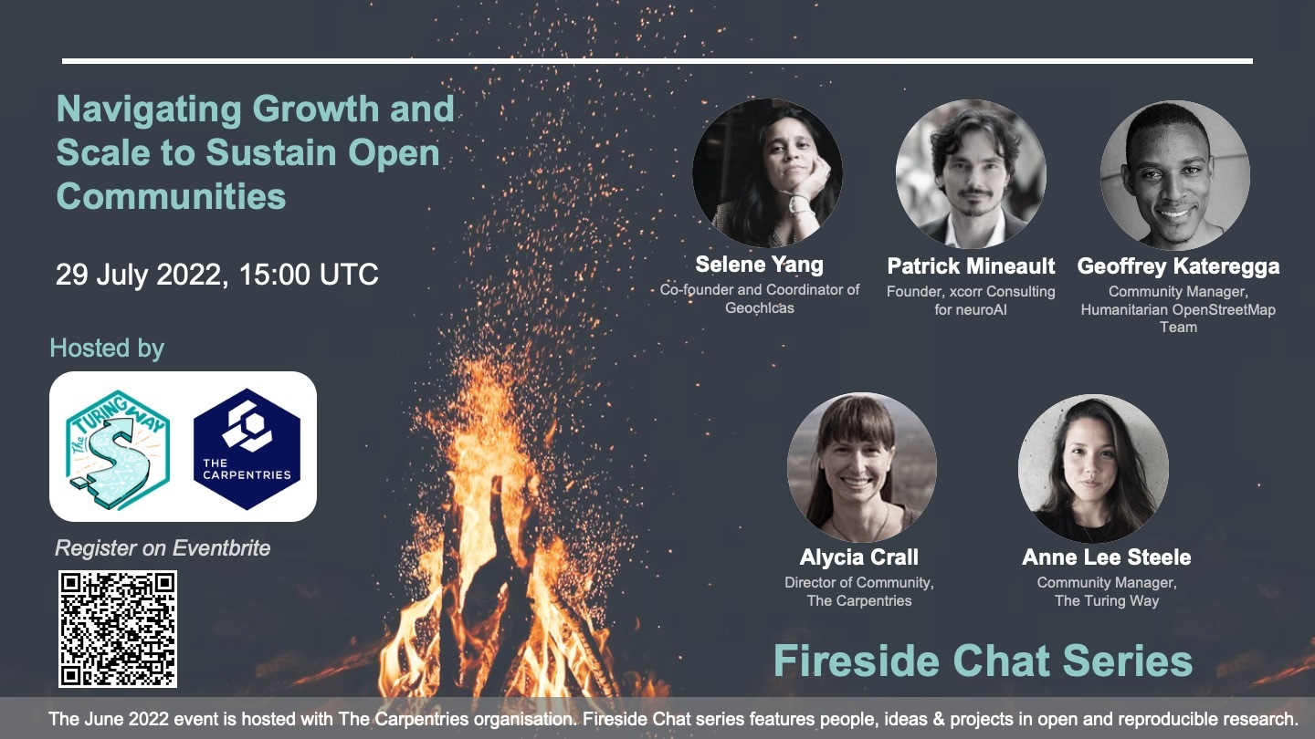 Alt:Flier for Fireside Chat event for July. Navigating growth and scale to sustain open communities