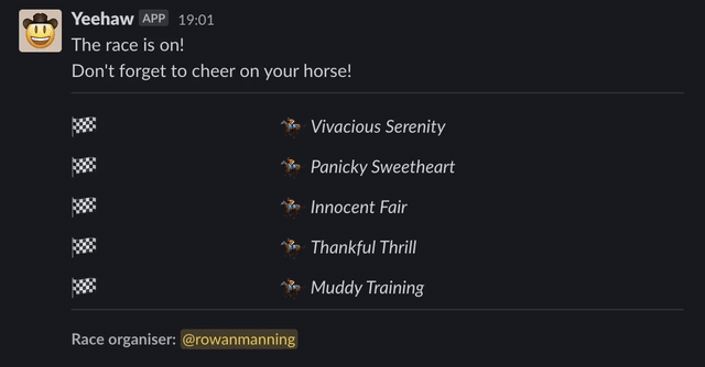 Demo of the Slack command in action, five horses racing across the screen