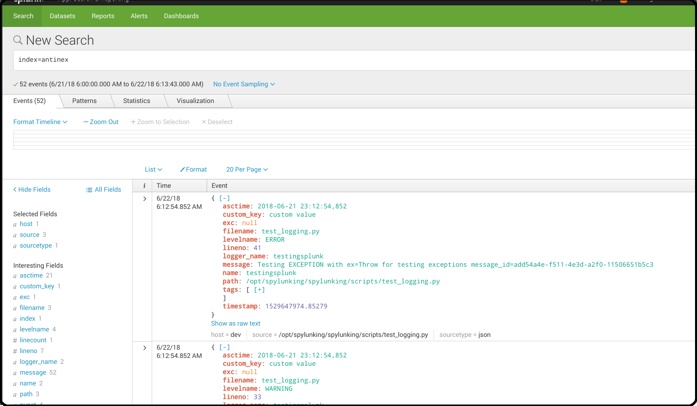 Splunk web app Python logs from the Spylunking test app