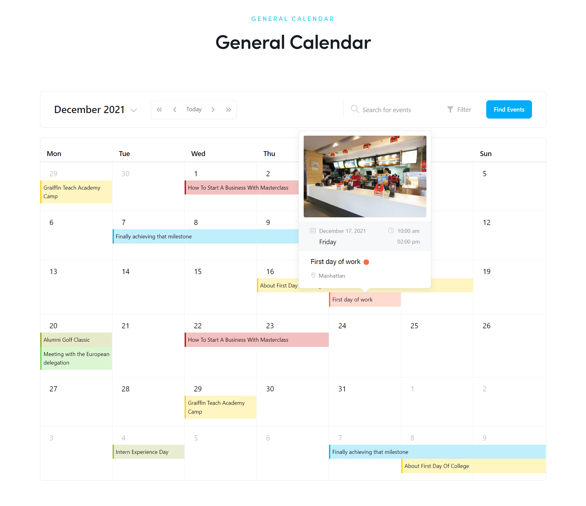 WordPress Event Calendar - Carousel view