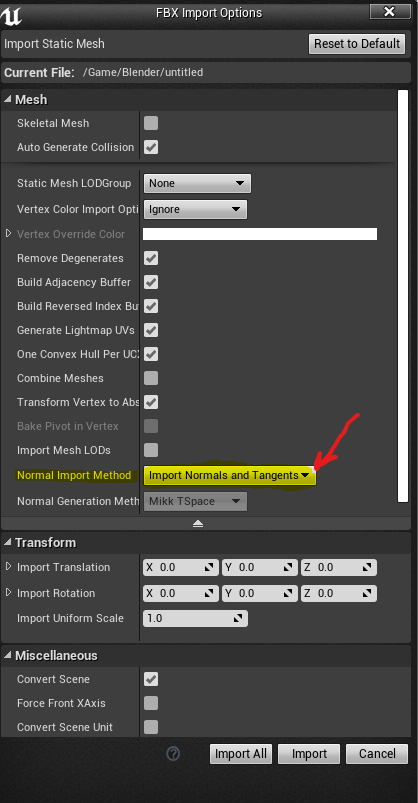 UE import settings