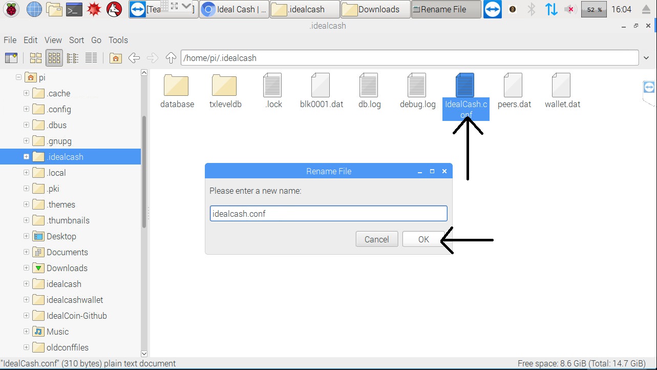 Rename the file to idealcash.conf and press OK.