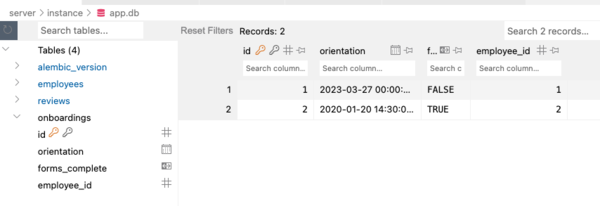 onboardings table with employee foreign key