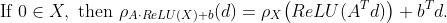 \textrm{If } 0 \in X, \textrm{ then } \rho_{A\cdot ReLU(X)+b}(d) = \rho_{X}\bigl(ReLU(A^T d)\bigr)+b^T d.