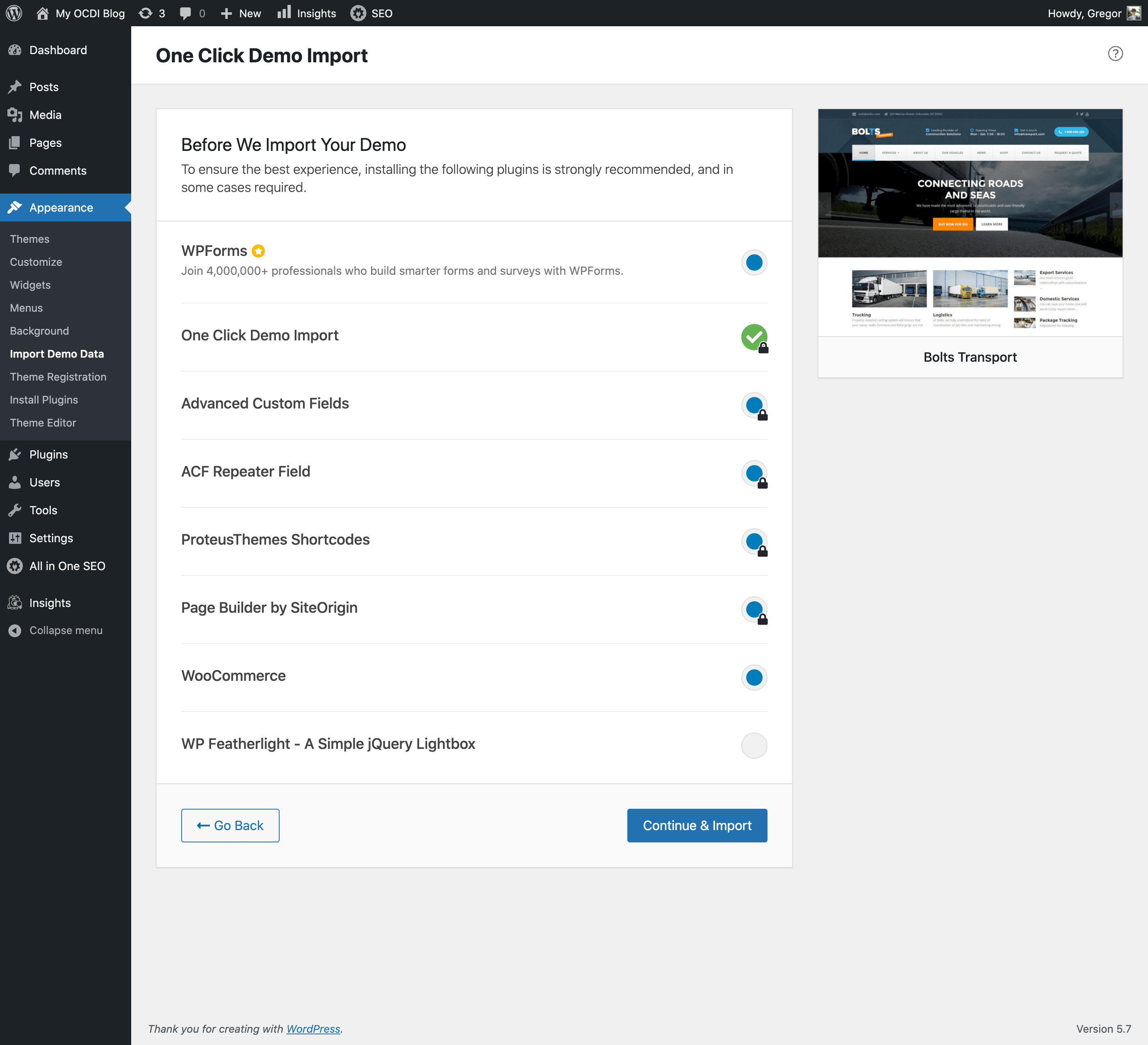 How the Recommended & Required theme plugins step looks like, just before the import step.