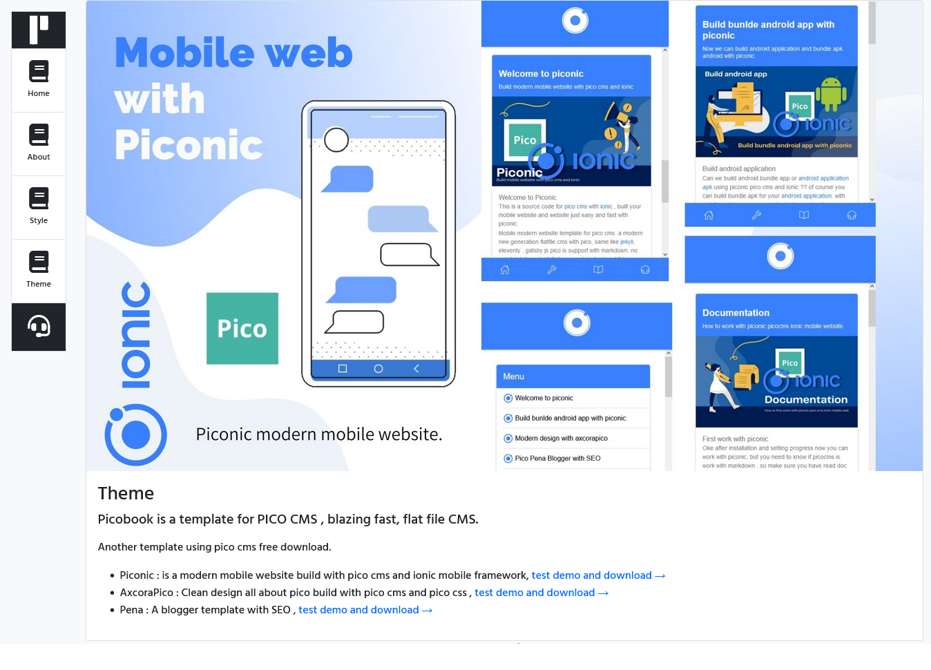 Picobook is a template for PICO CMS , blazing fast, flat file CMS.