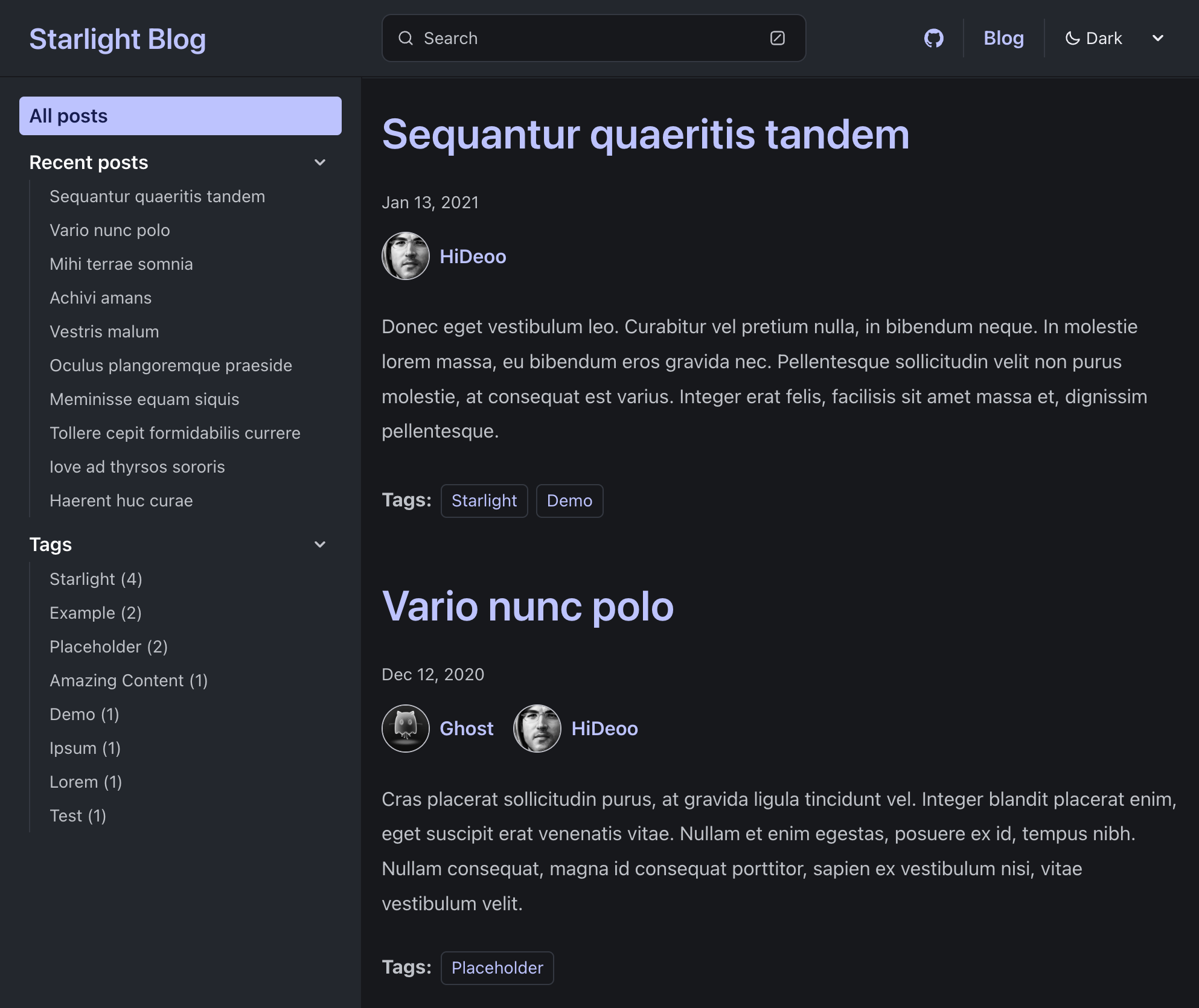 Screenshot of starlight-blog