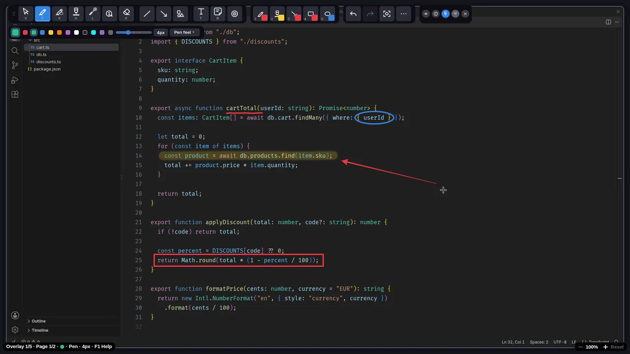 Code annotated with a circle, a highlight, an arrow, and a box