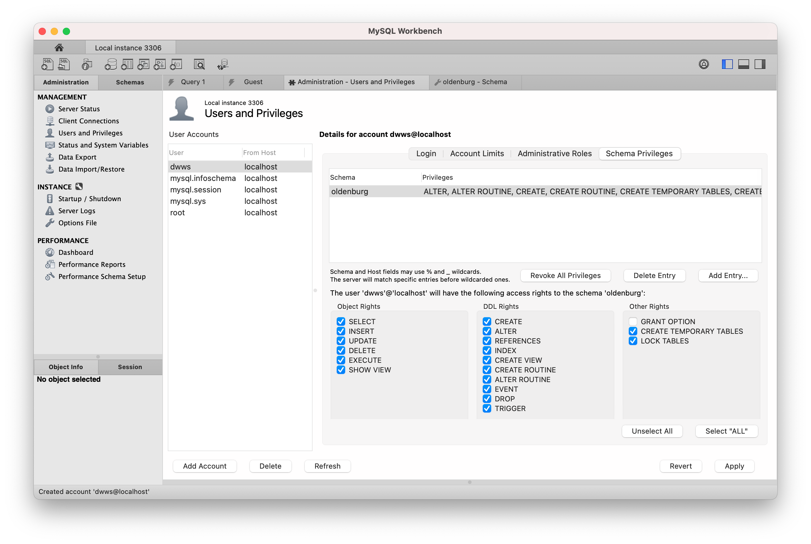 Setting up schema privileges for the marvin user and the marvin schema.