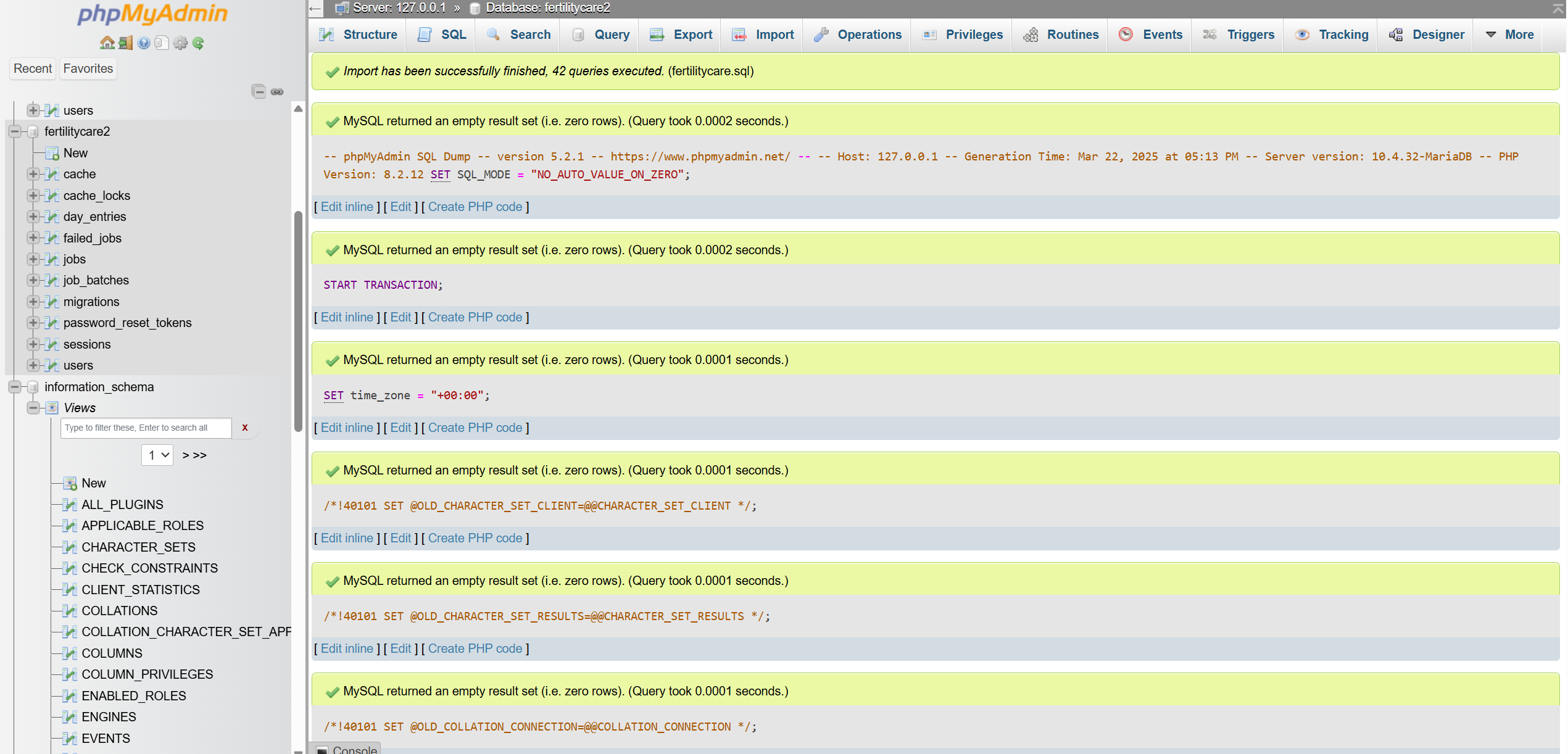 Imported database successfully