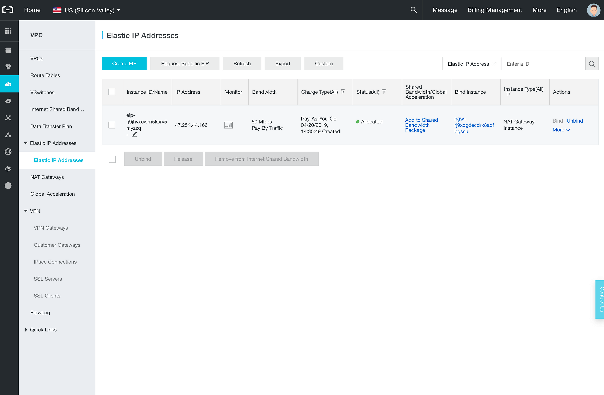 Alibaba Cloud — LTO node — EIP bind to NAT Gateway → Allocated