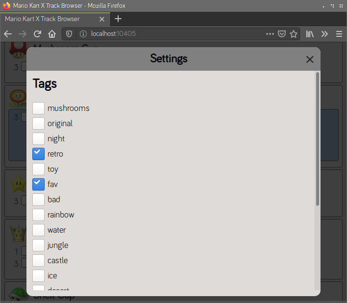 A list of tags with checkboxes next to them. "retro" and "fav" are checked. There are many unchecked tags, including "mushrooms", "original", "night", "bad", and "rainbow".