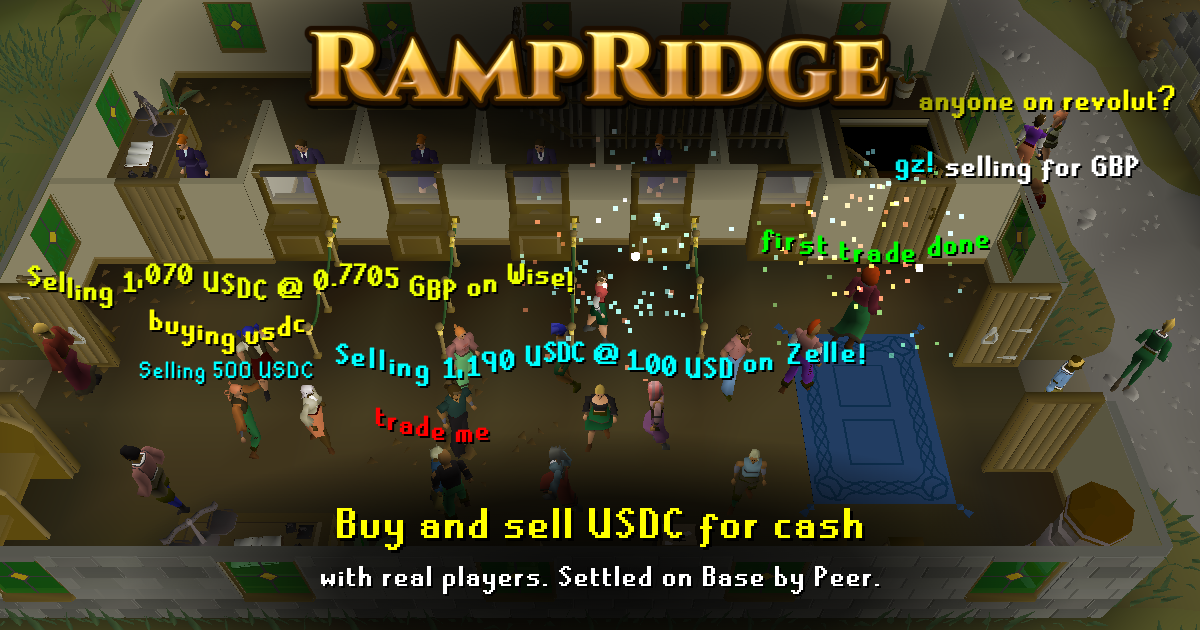 RampRidge: a crowded Varrock West Bank where merchants shout live USDC offers