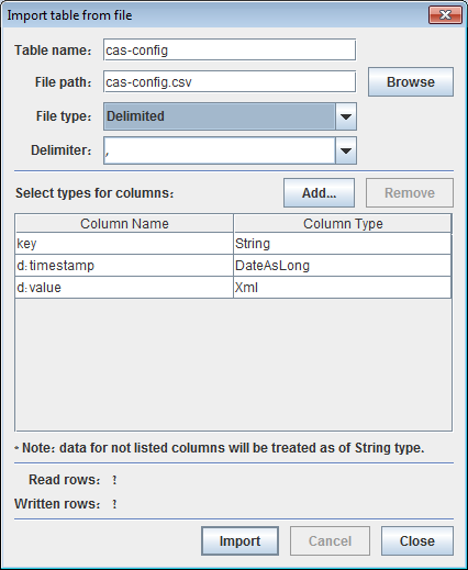 Import table dialog