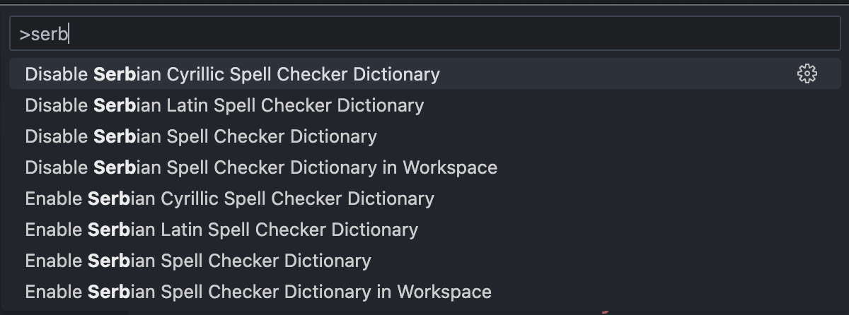 Commands dropdown for enabling and disabling Serbian dictionaries