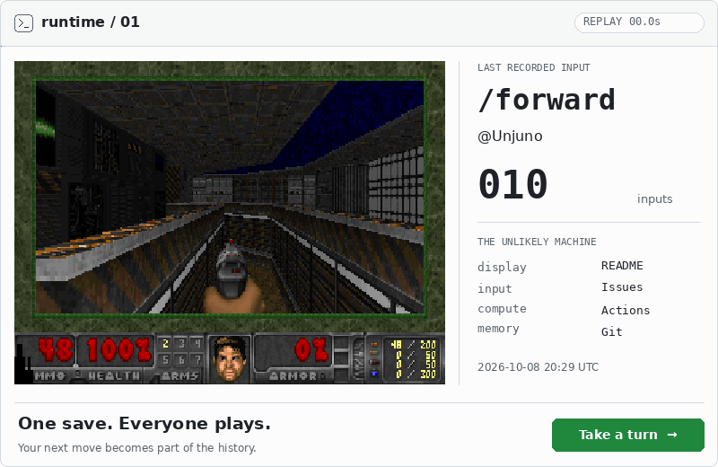 Runtime 01. A recorded Freedoom replay with the last saved input. One save, everyone plays.