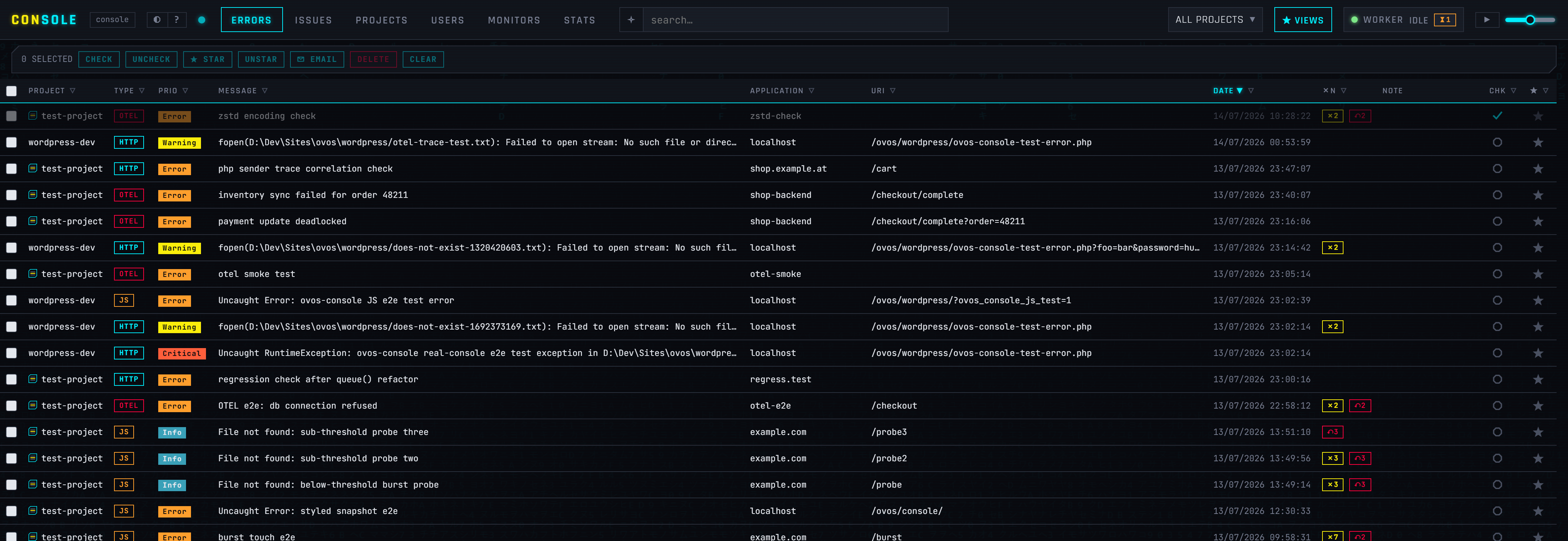 The ovos console errors grid — live rows with project, type, priority, message and occurrence counts
