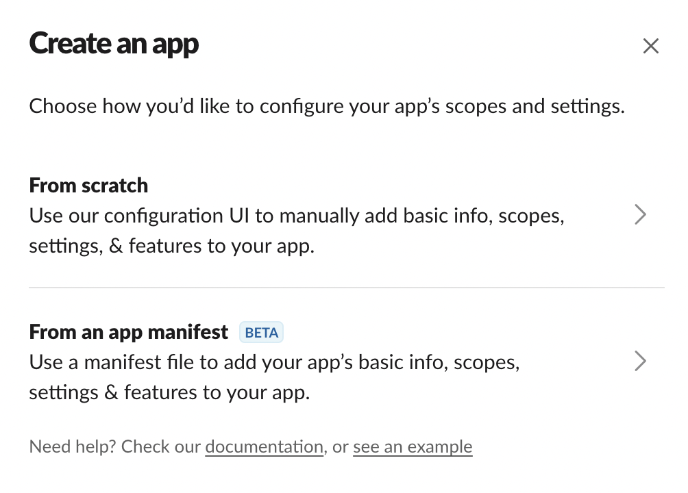 Screenshot of slack app options