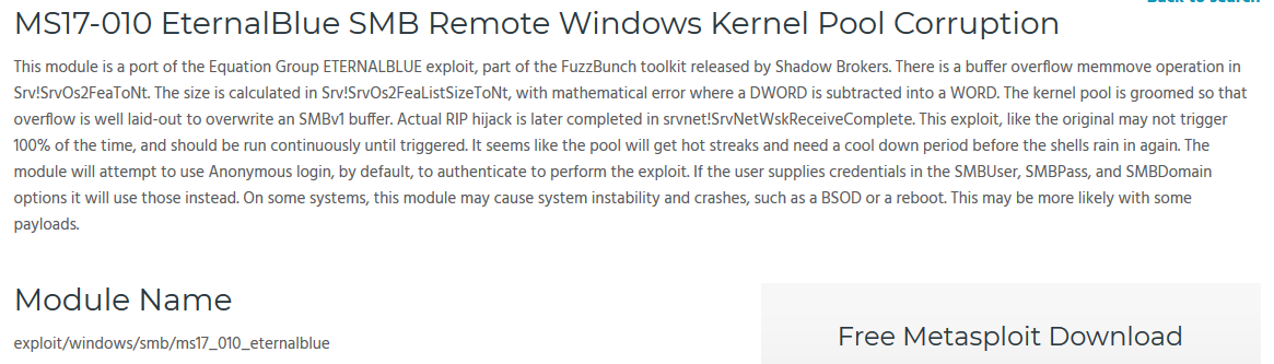 Rapid7 Metasploit module for MS17-010