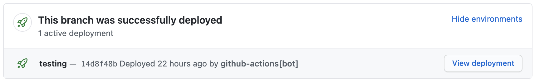 Screenshot of the "This branch was successfully deployed" block with the "View deployment" button