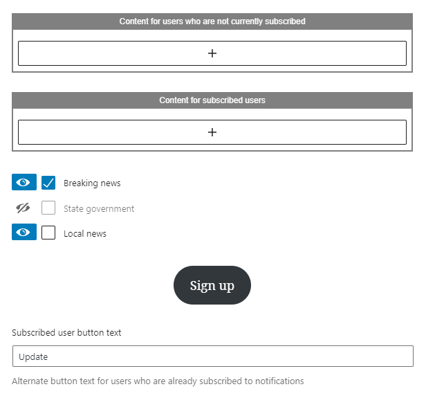 The block interface for a signup section with categories