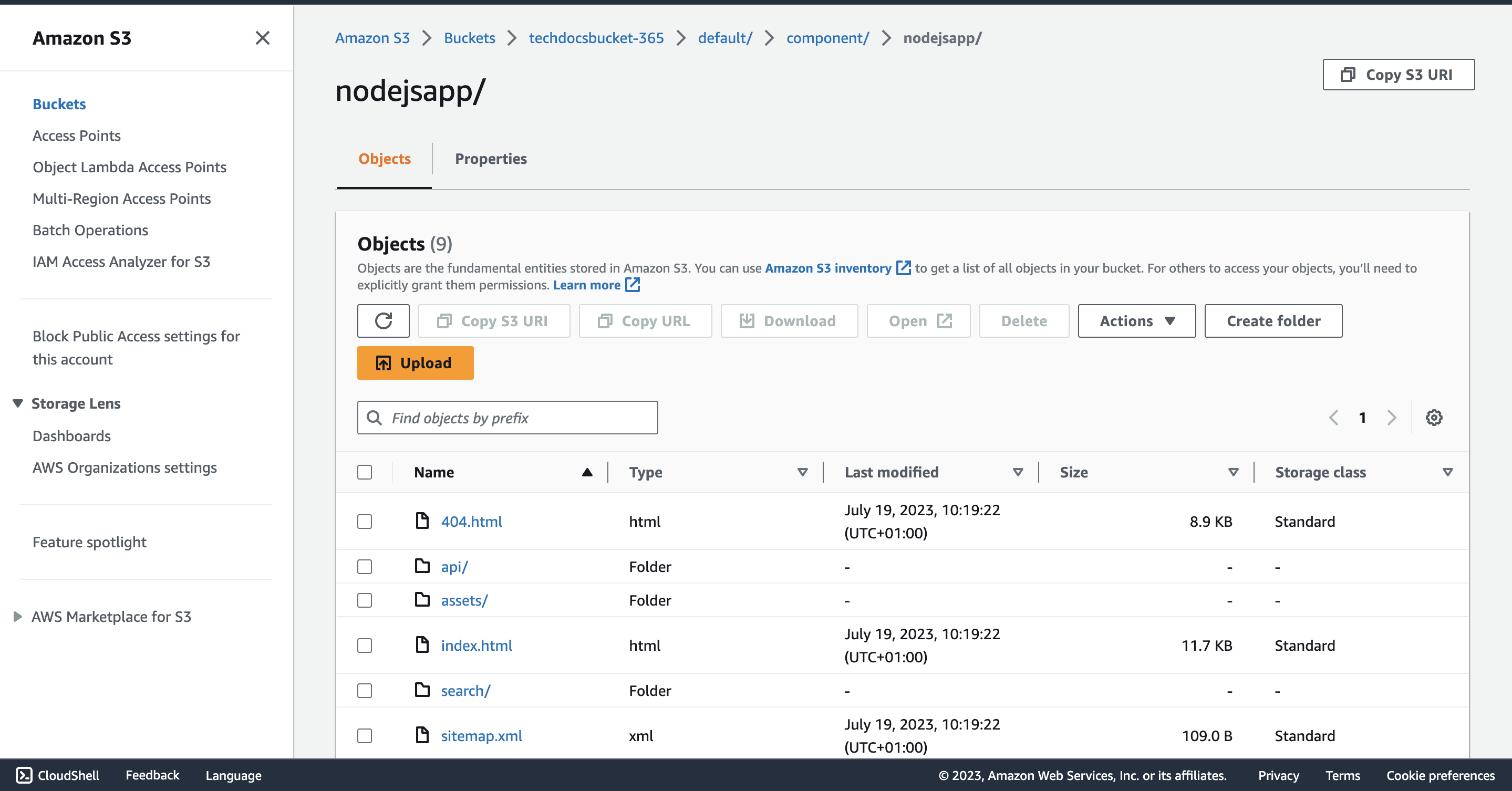 Object properties inside the TechDocs S3 bucket